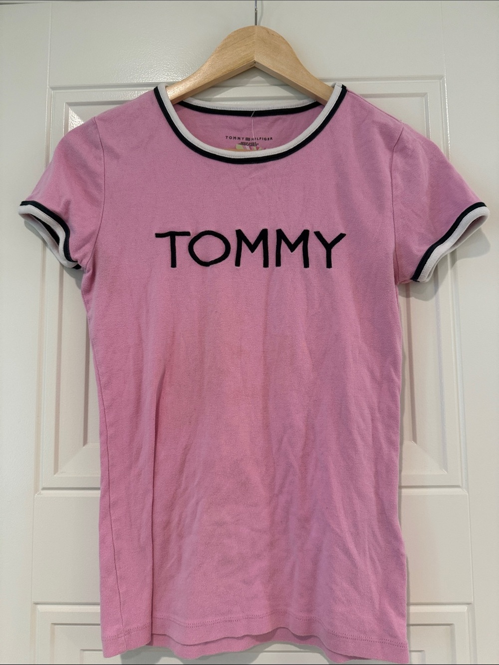 Tommy Hilfiger Pink Tee with Black Logo and Contrast Trim